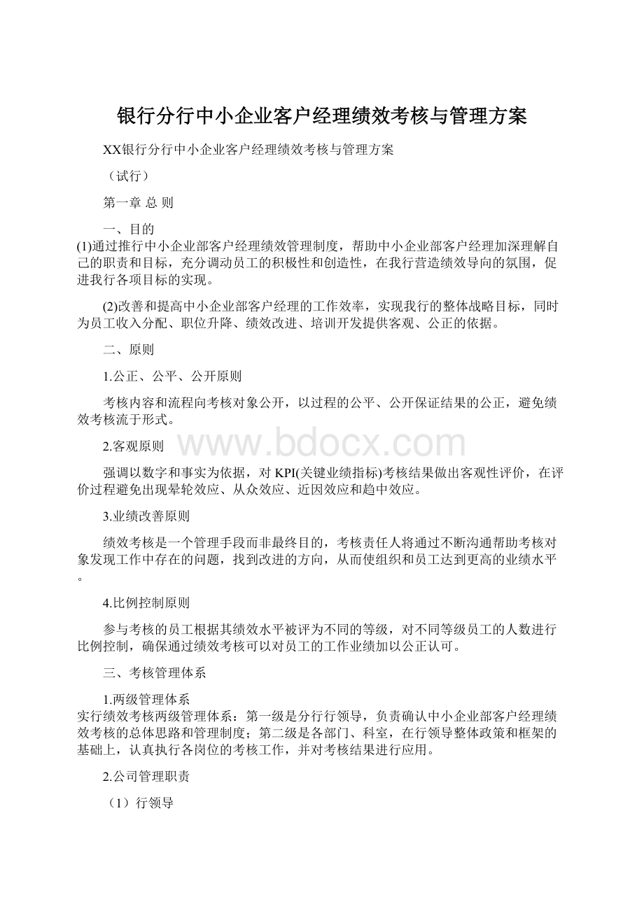 银行分行中小企业客户经理绩效考核与管理方案Word格式文档下载.docx