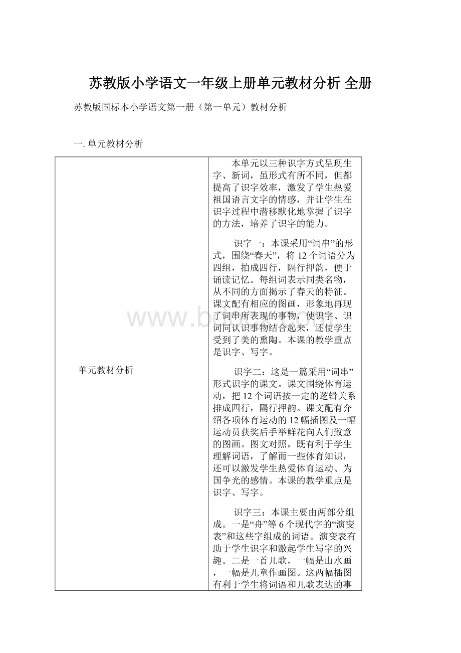 苏教版小学语文一年级上册单元教材分析 全册Word下载.docx_第1页