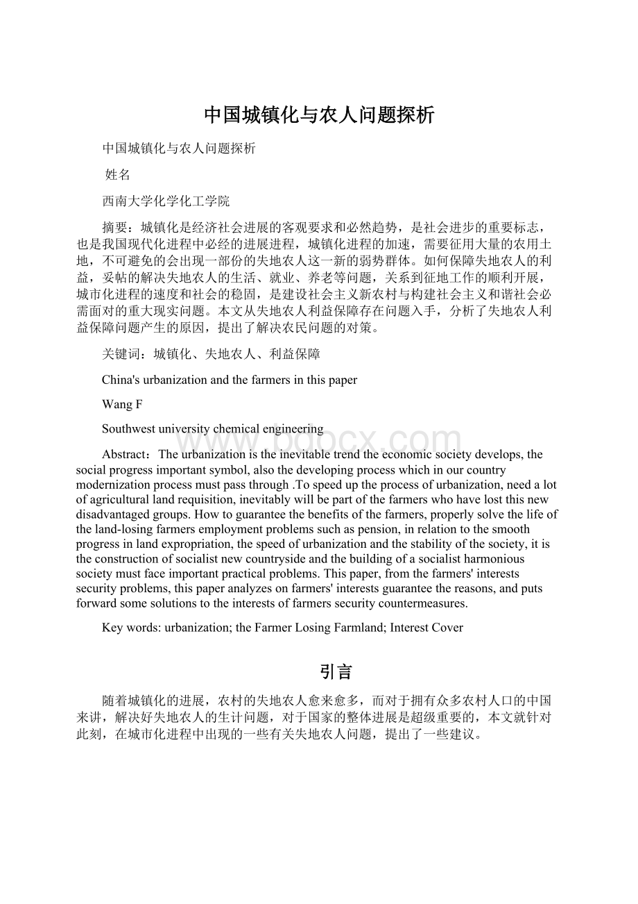 中国城镇化与农人问题探析Word格式文档下载.docx