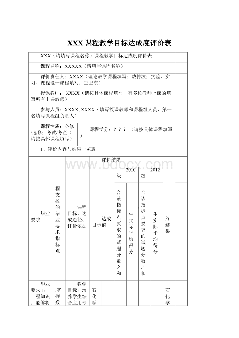 XXX课程教学目标达成度评价表文档格式.docx