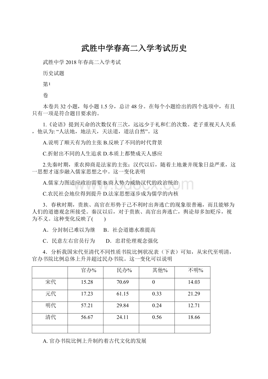 武胜中学春高二入学考试历史Word文件下载.docx_第1页