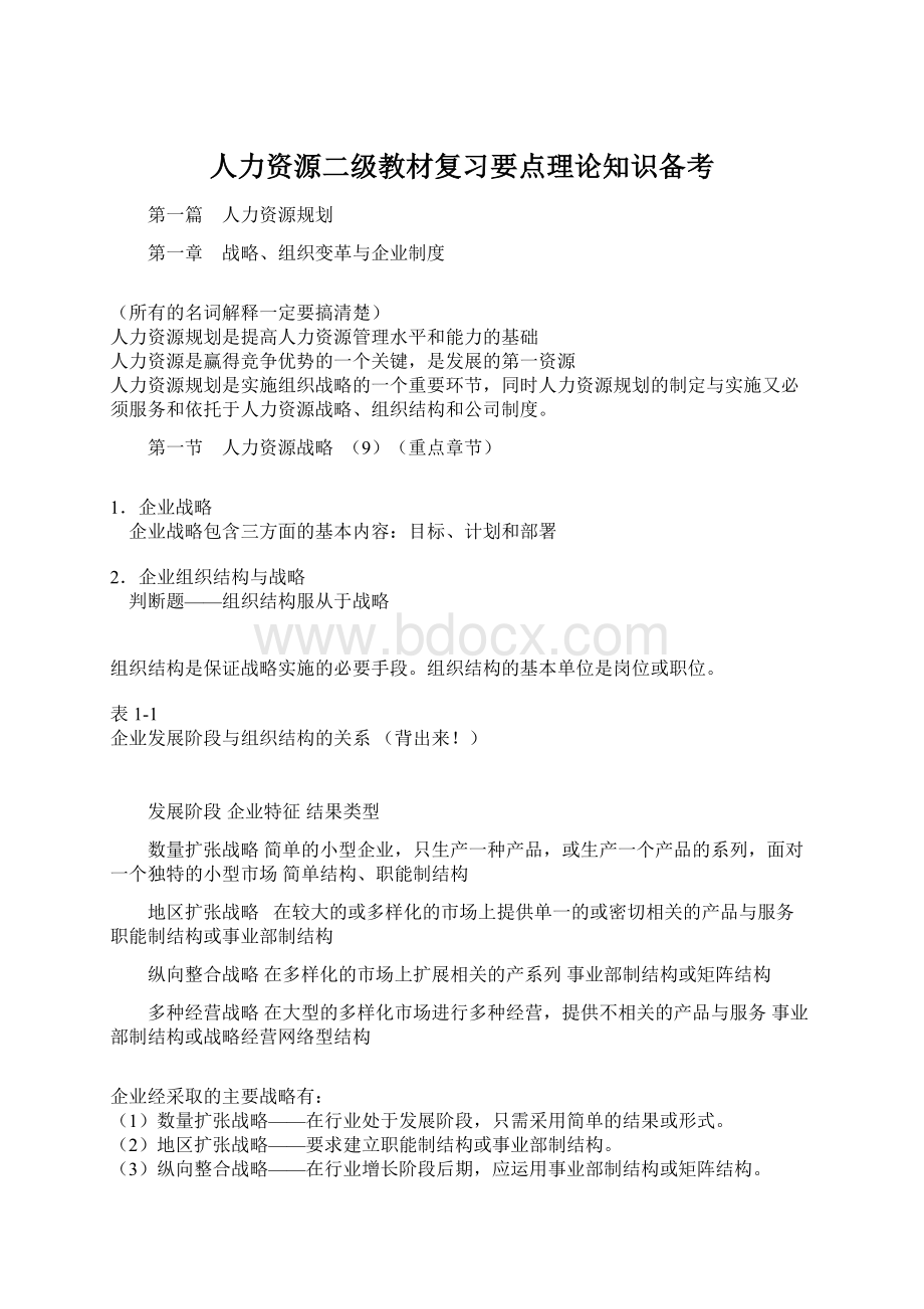 人力资源二级教材复习要点理论知识备考.docx