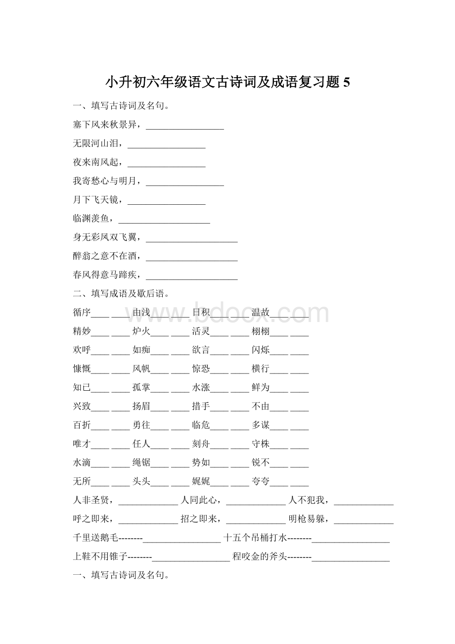 小升初六年级语文古诗词及成语复习题5Word格式文档下载.docx