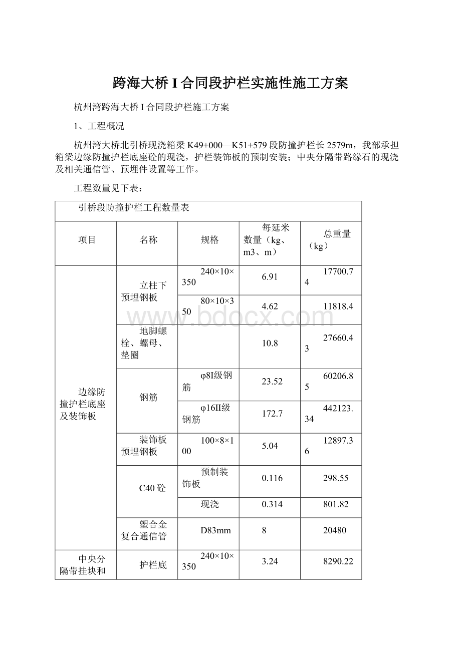 跨海大桥I合同段护栏实施性施工方案Word文档下载推荐.docx_第1页