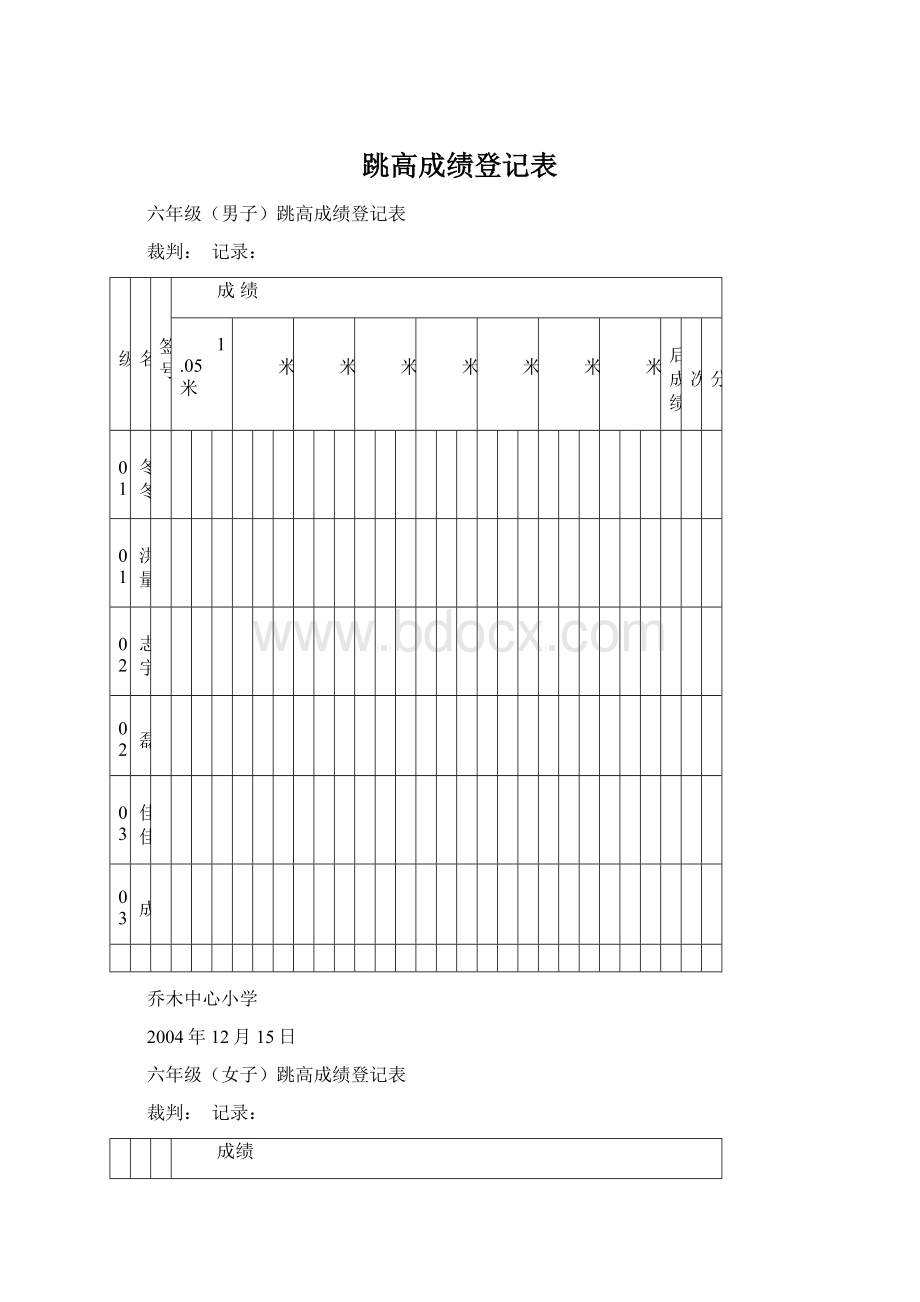 跳高成绩登记表Word下载.docx