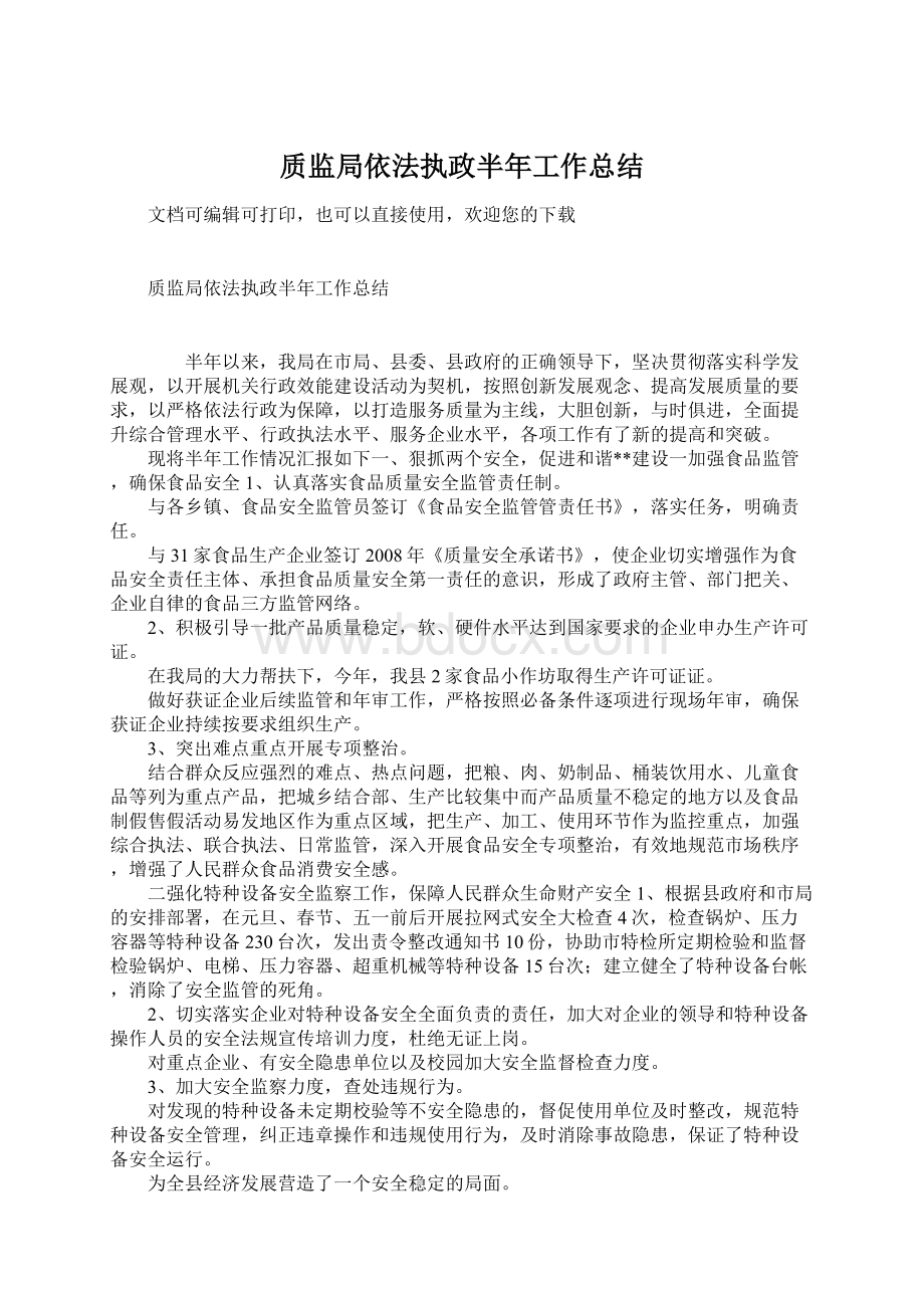 质监局依法执政半年工作总结Word格式文档下载.docx