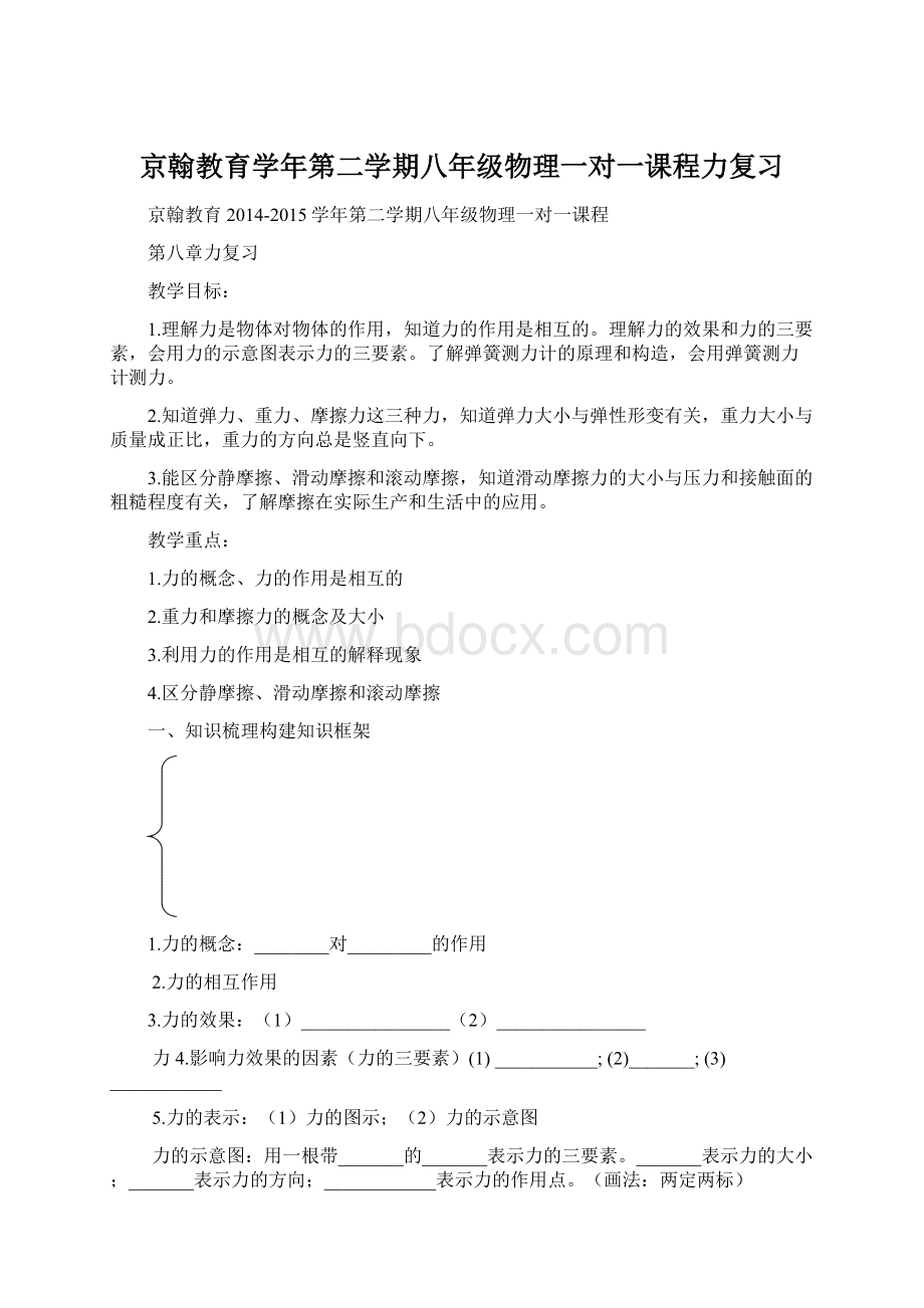 京翰教育学年第二学期八年级物理一对一课程力复习Word格式.docx