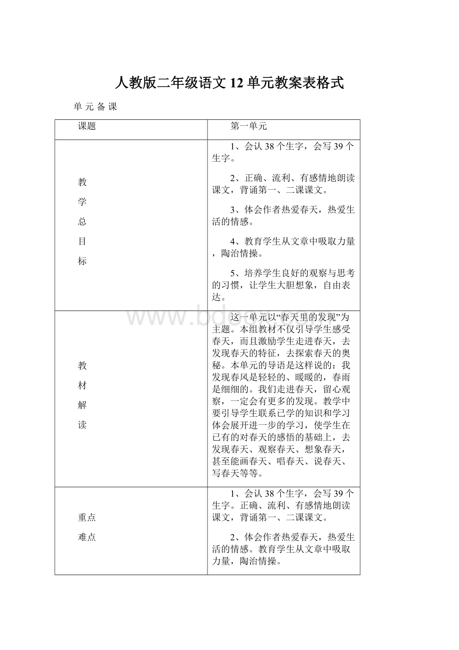 人教版二年级语文12单元教案表格式.docx