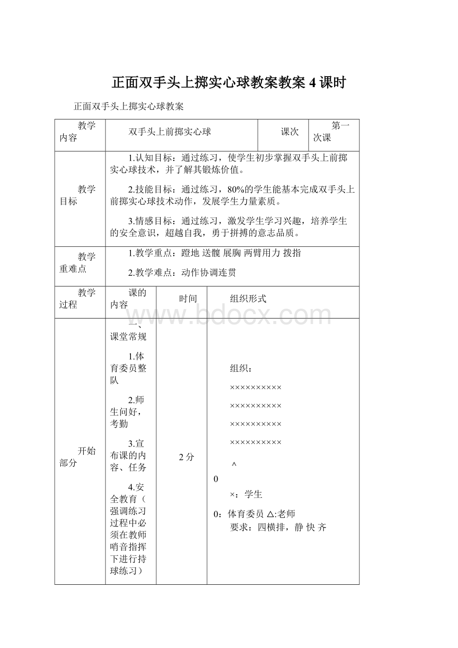 正面双手头上掷实心球教案教案 4课时Word文档格式.docx