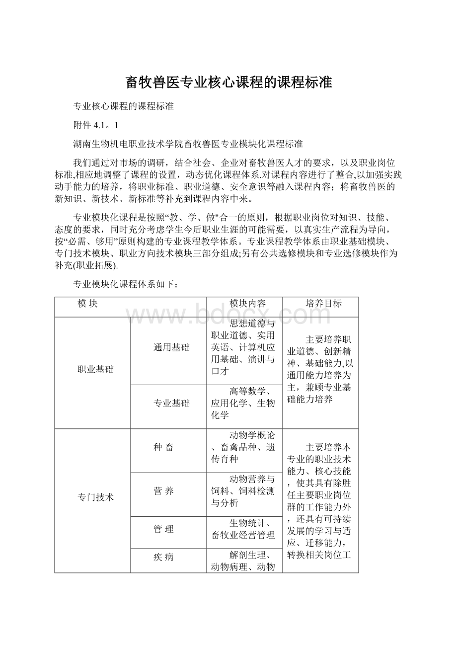 畜牧兽医专业核心课程的课程标准.docx