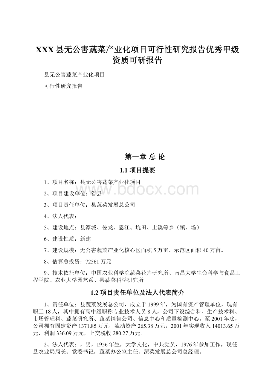 XXX县无公害蔬菜产业化项目可行性研究报告优秀甲级资质可研报告文档格式.docx