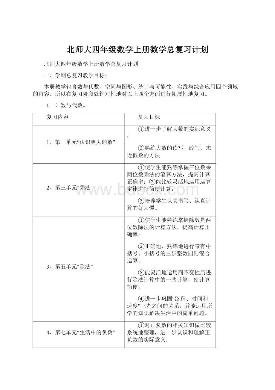 北师大四年级数学上册数学总复习计划Word文档格式.docx