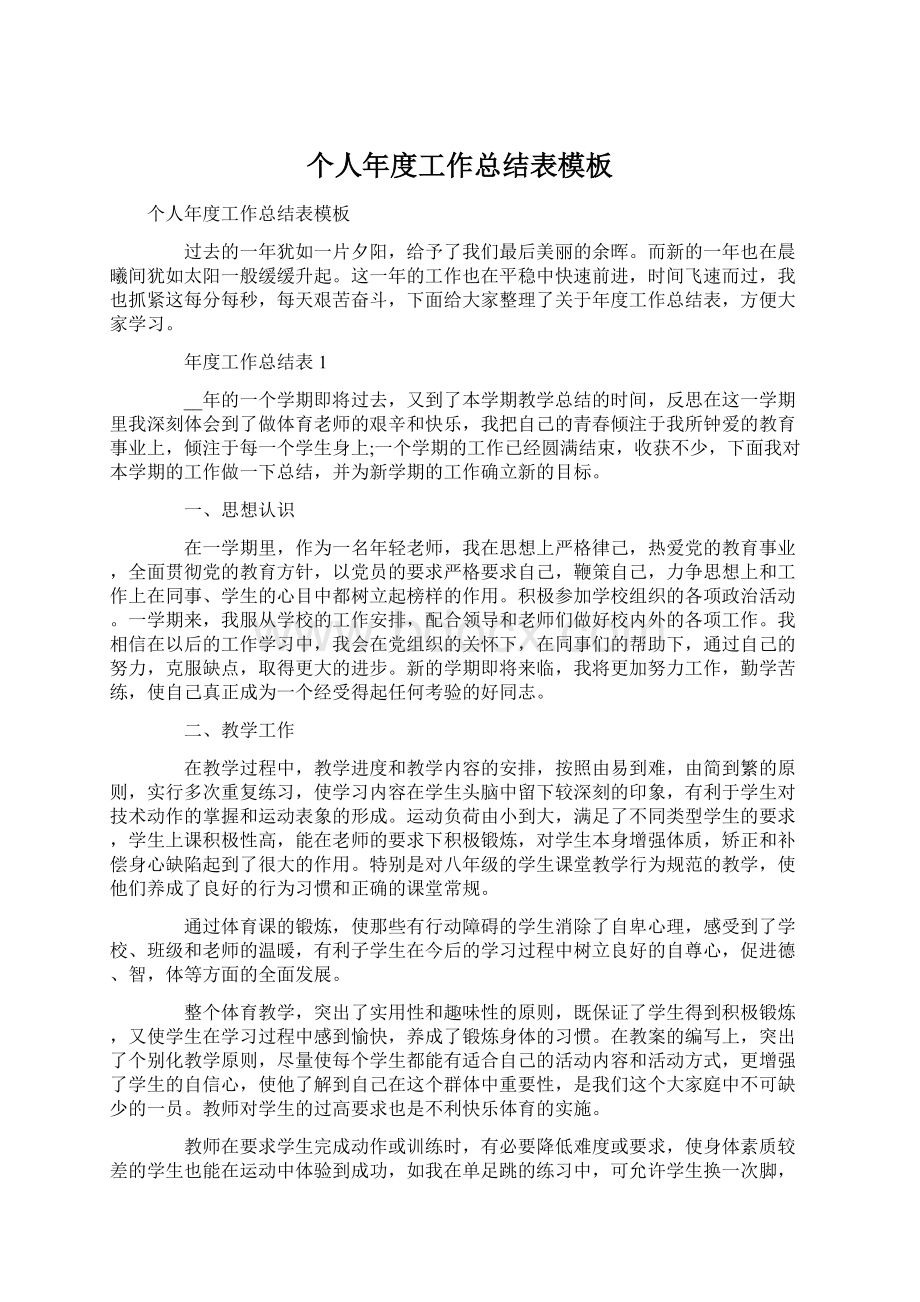 个人年度工作总结表模板文档格式.docx