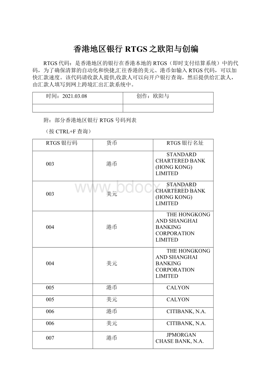 香港地区银行RTGS之欧阳与创编.docx_第1页