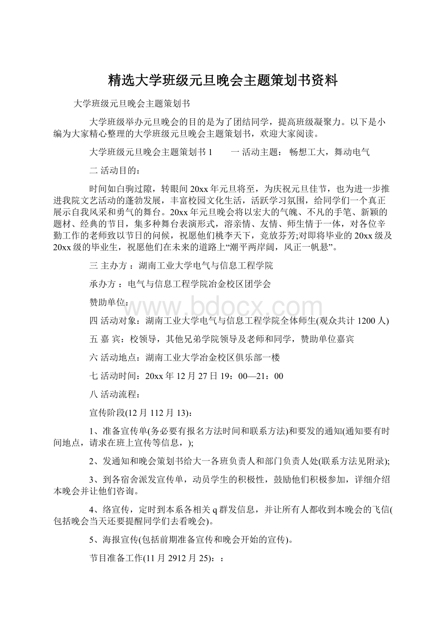 精选大学班级元旦晚会主题策划书资料.docx