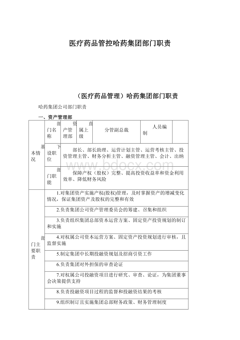 医疗药品管控哈药集团部门职责Word格式文档下载.docx