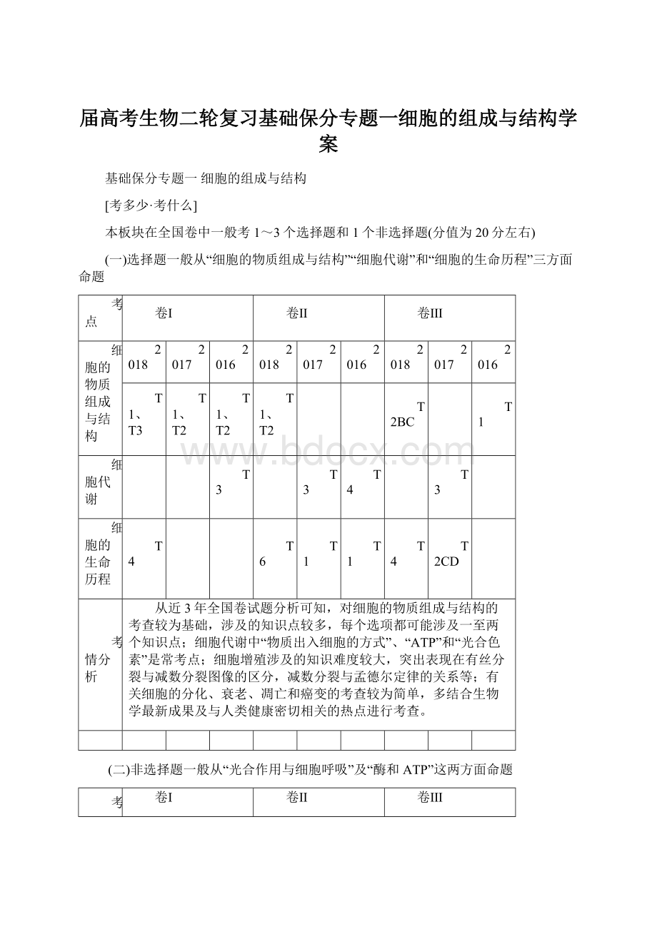 届高考生物二轮复习基础保分专题一细胞的组成与结构学案Word格式.docx_第1页