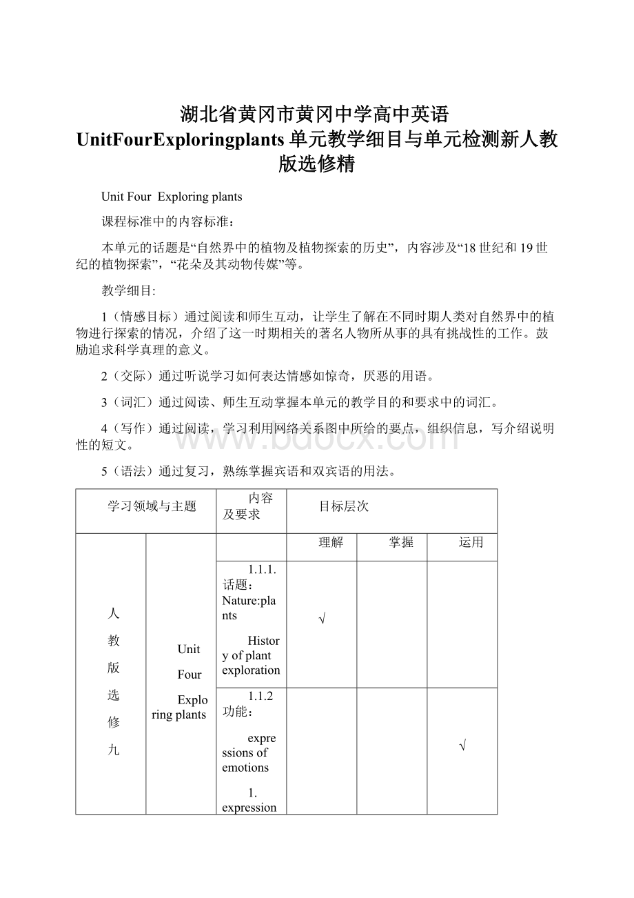 湖北省黄冈市黄冈中学高中英语UnitFourExploringplants单元教学细目与单元检测新人教版选修精.docx