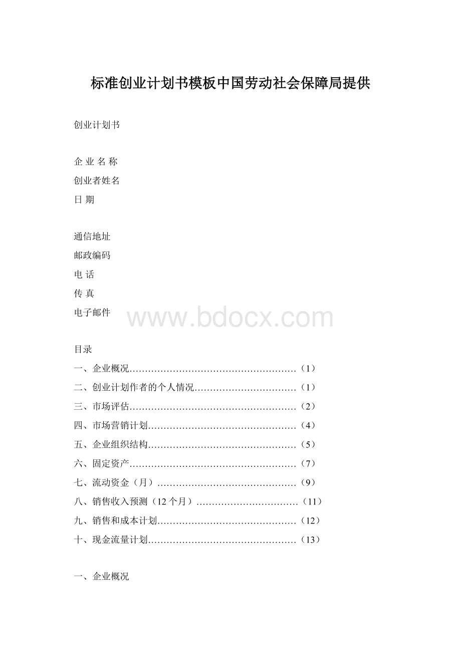标准创业计划书模板中国劳动社会保障局提供文档格式.docx