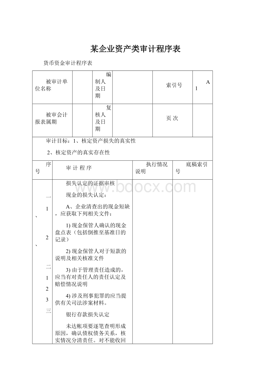 某企业资产类审计程序表.docx_第1页