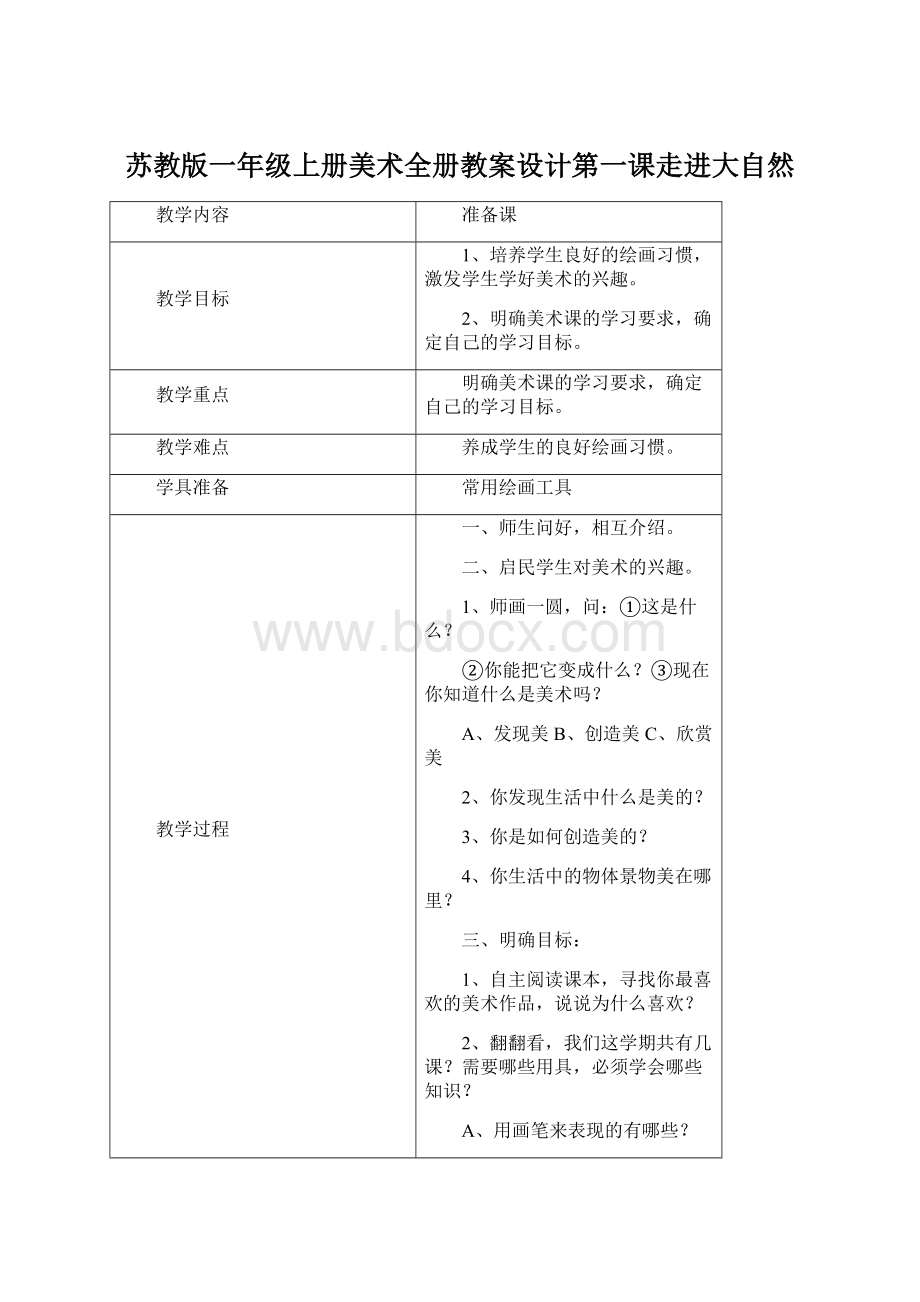 苏教版一年级上册美术全册教案设计第一课走进大自然.docx