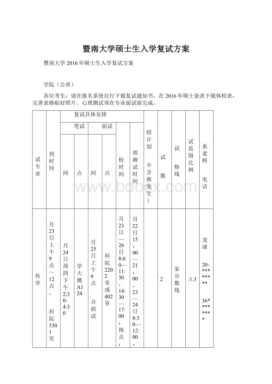 暨南大学硕士生入学复试方案Word格式.docx