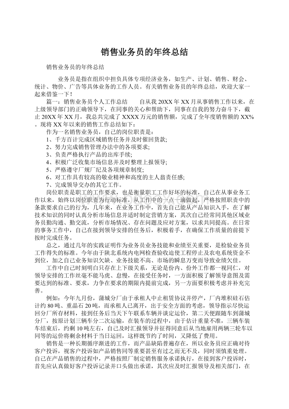 销售业务员的年终总结Word文档下载推荐.docx