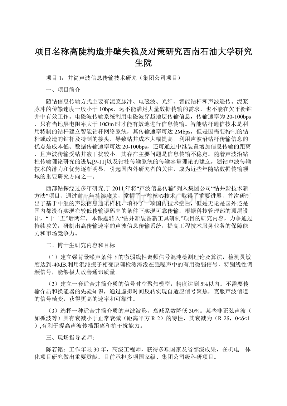 项目名称高陡构造井壁失稳及对策研究西南石油大学研究生院.docx