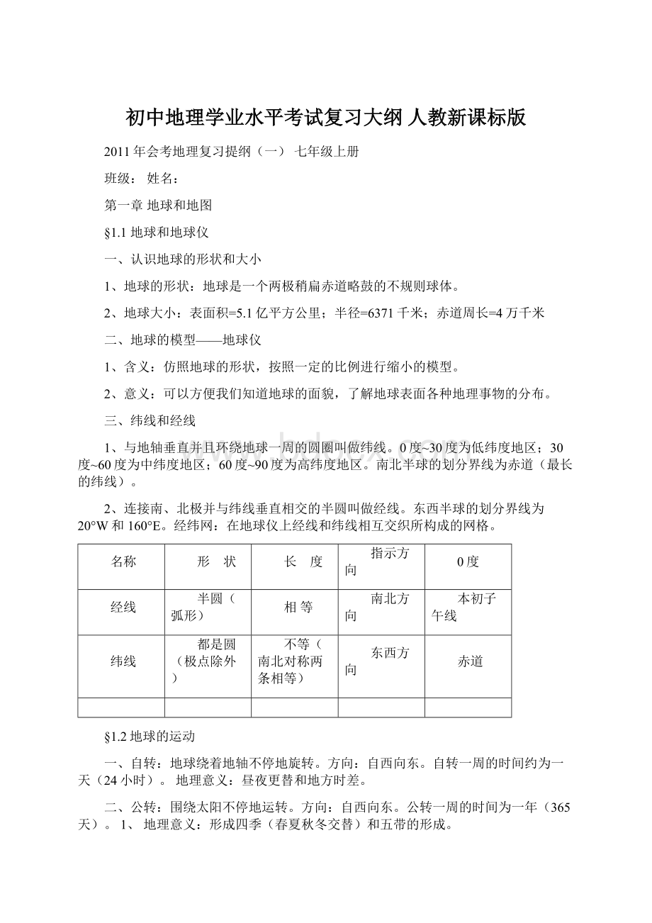 初中地理学业水平考试复习大纲 人教新课标版Word格式文档下载.docx