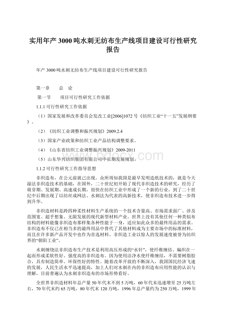 实用年产3000吨水刺无纺布生产线项目建设可行性研究报告.docx_第1页