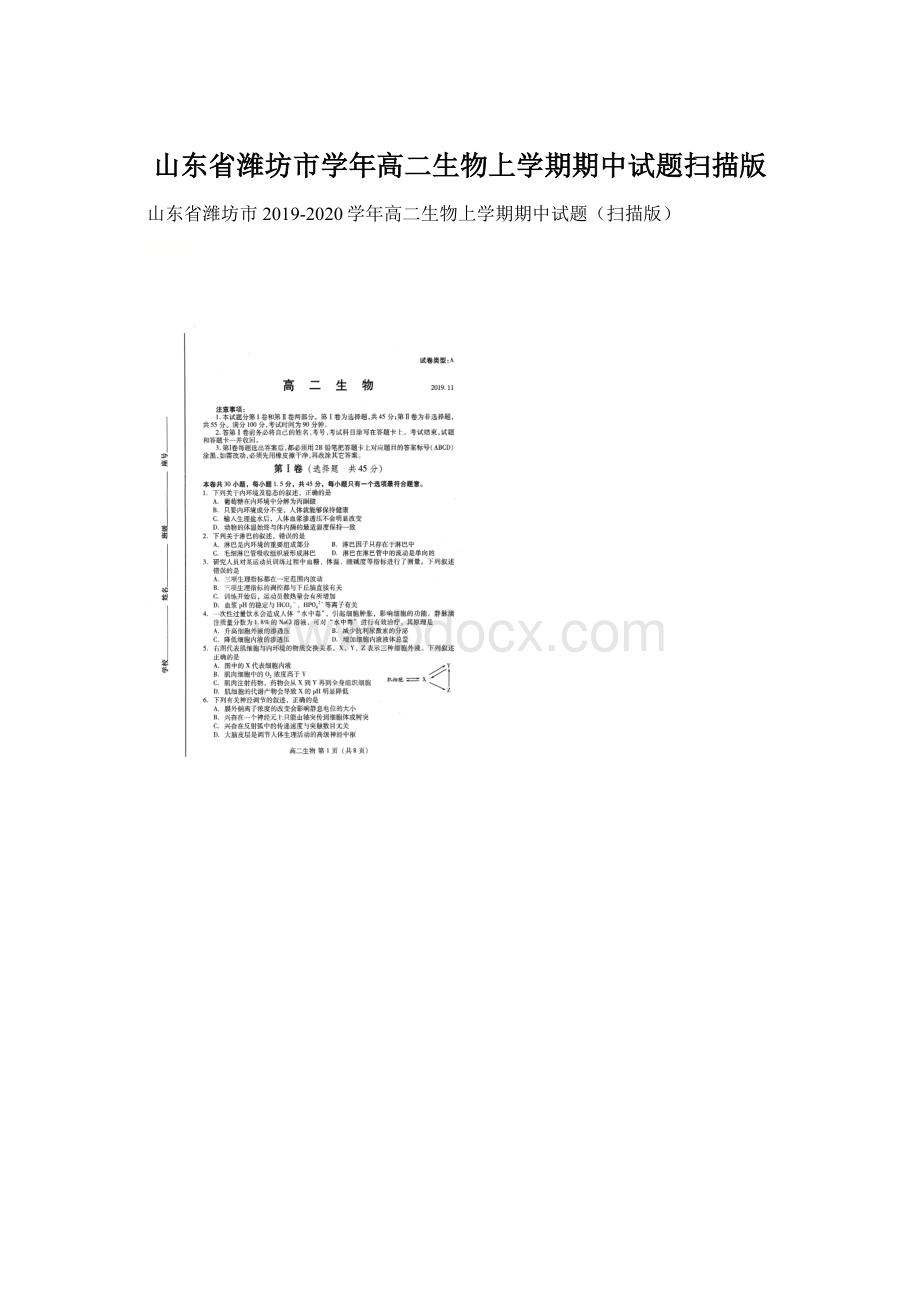 山东省潍坊市学年高二生物上学期期中试题扫描版Word文件下载.docx_第1页