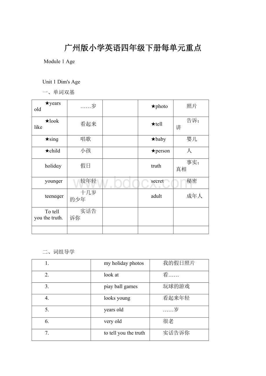 广州版小学英语四年级下册每单元重点文档格式.docx