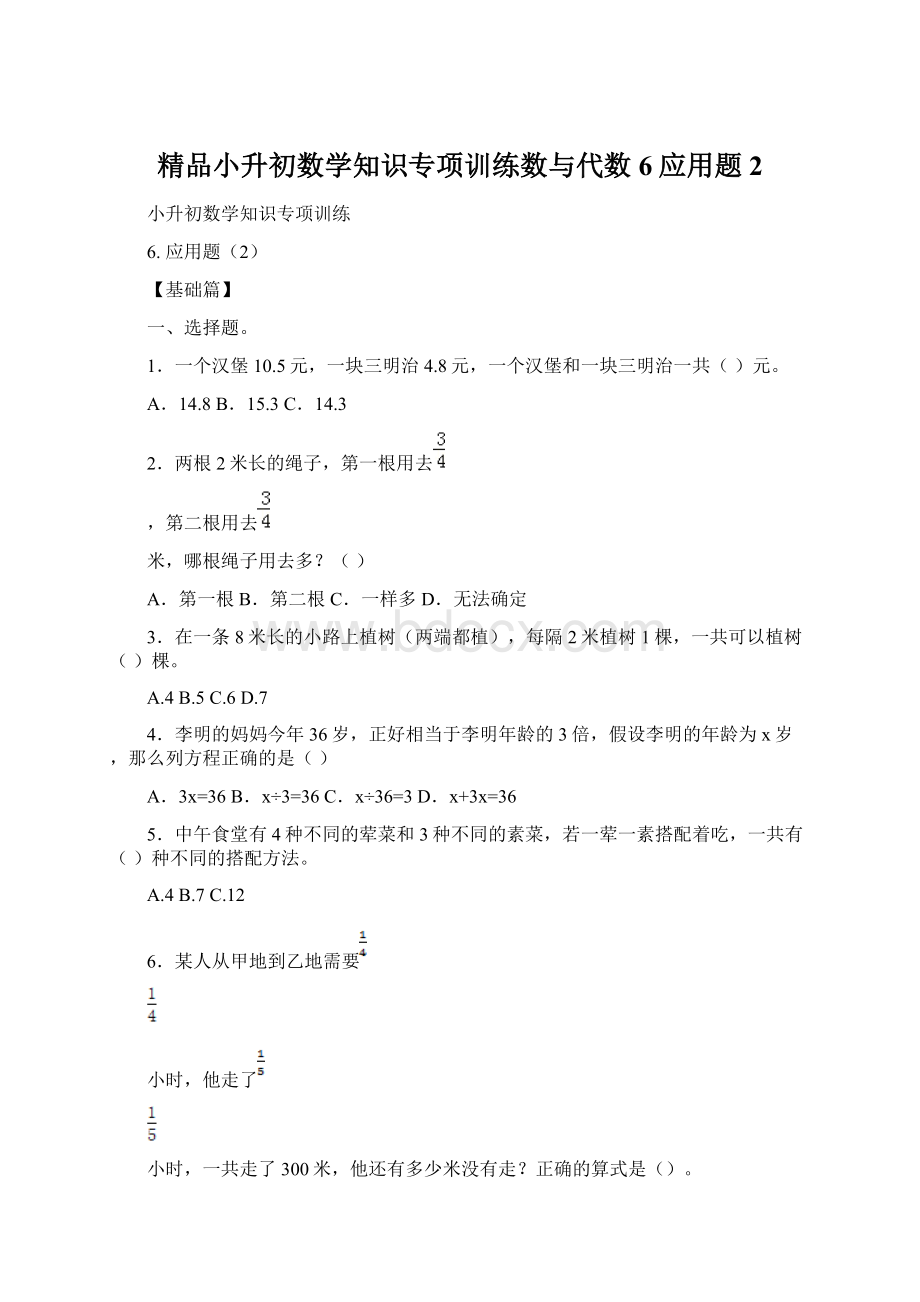 精品小升初数学知识专项训练数与代数6应用题2Word文档格式.docx