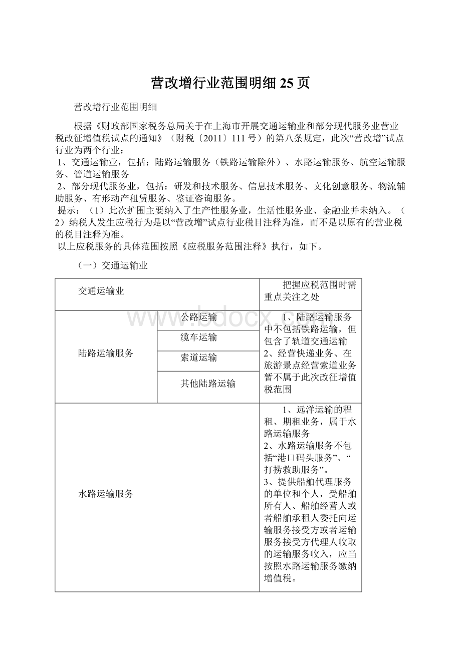 营改增行业范围明细25页.docx