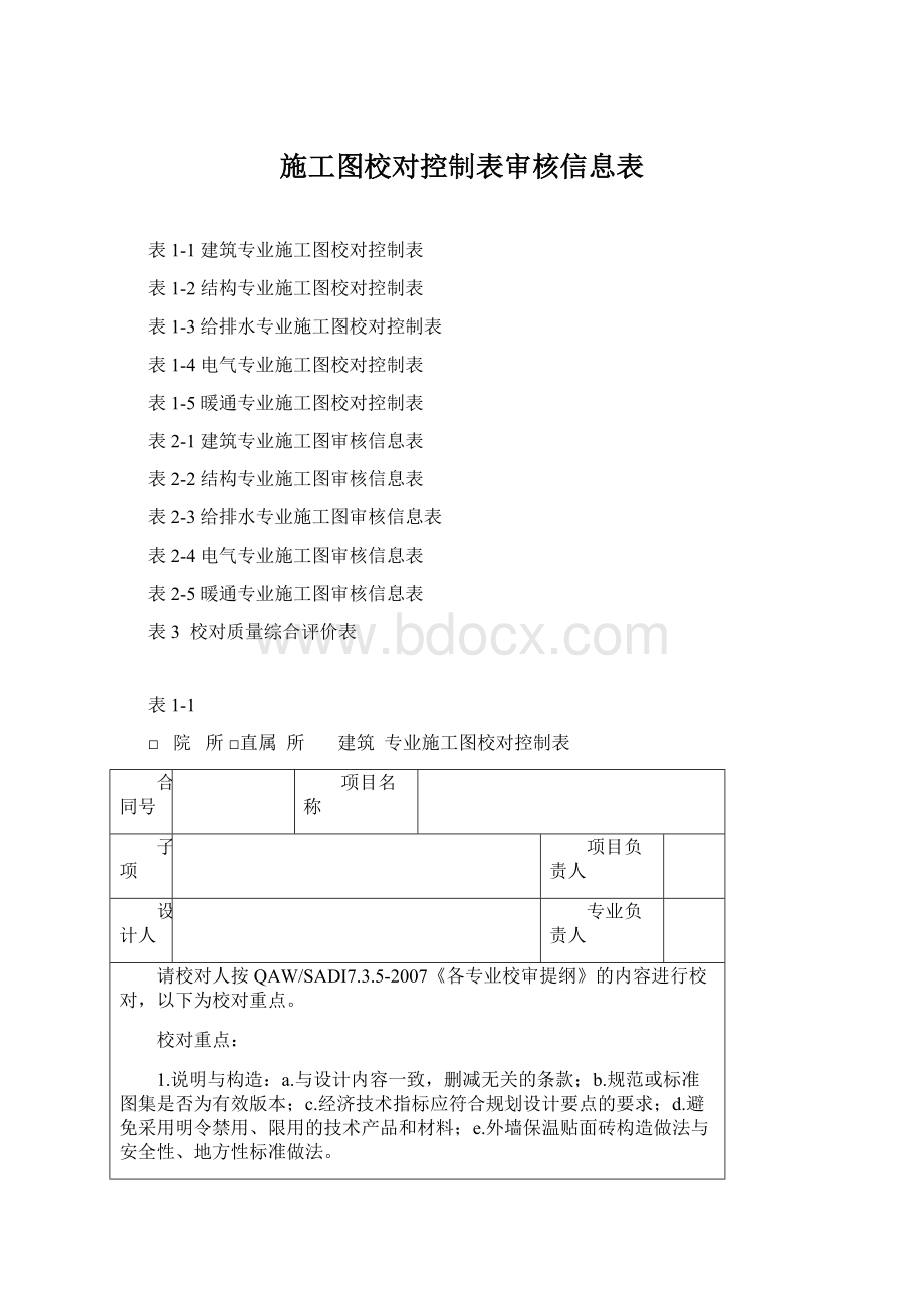 施工图校对控制表审核信息表Word文件下载.docx