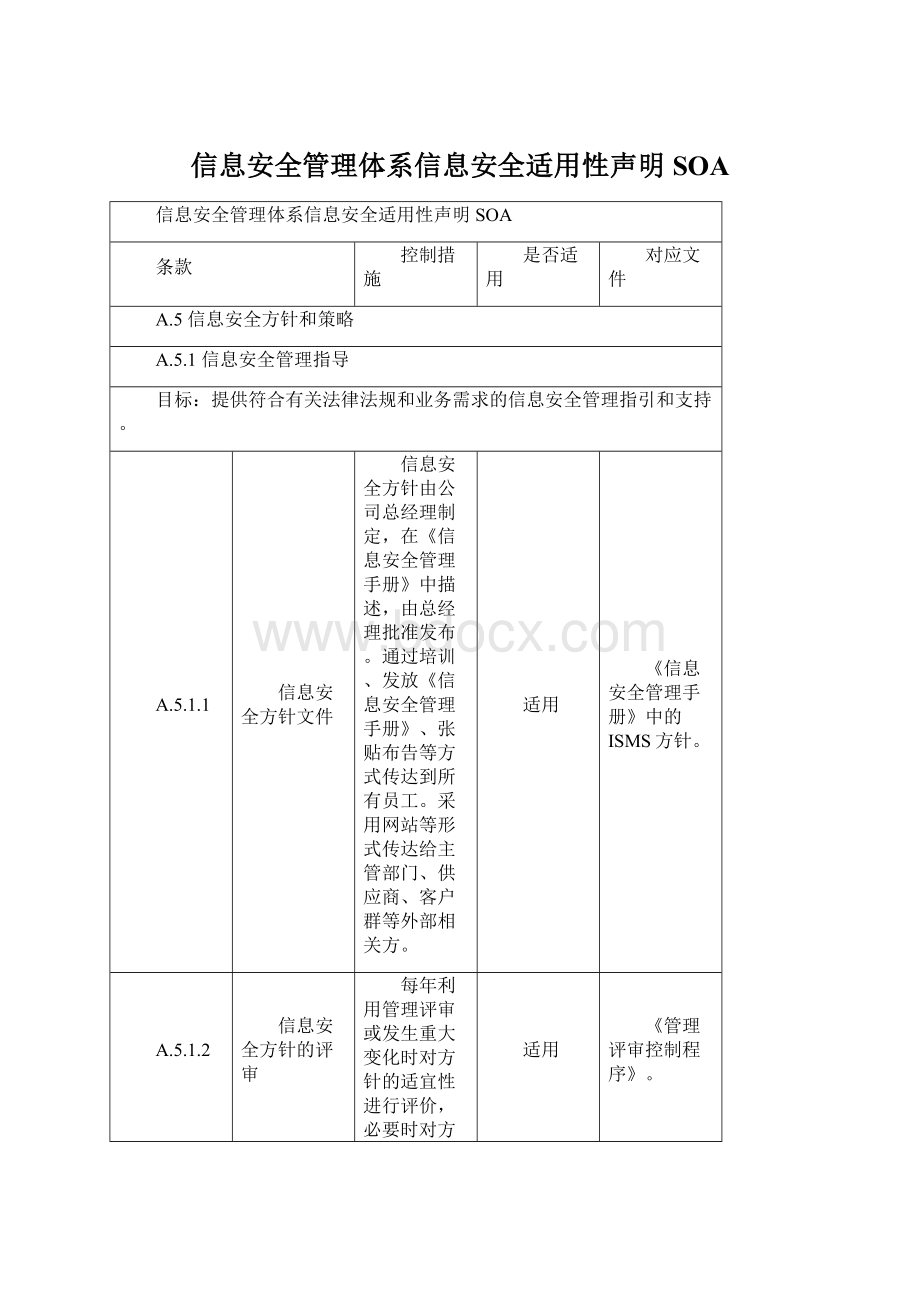 信息安全管理体系信息安全适用性声明SOAWord格式.docx