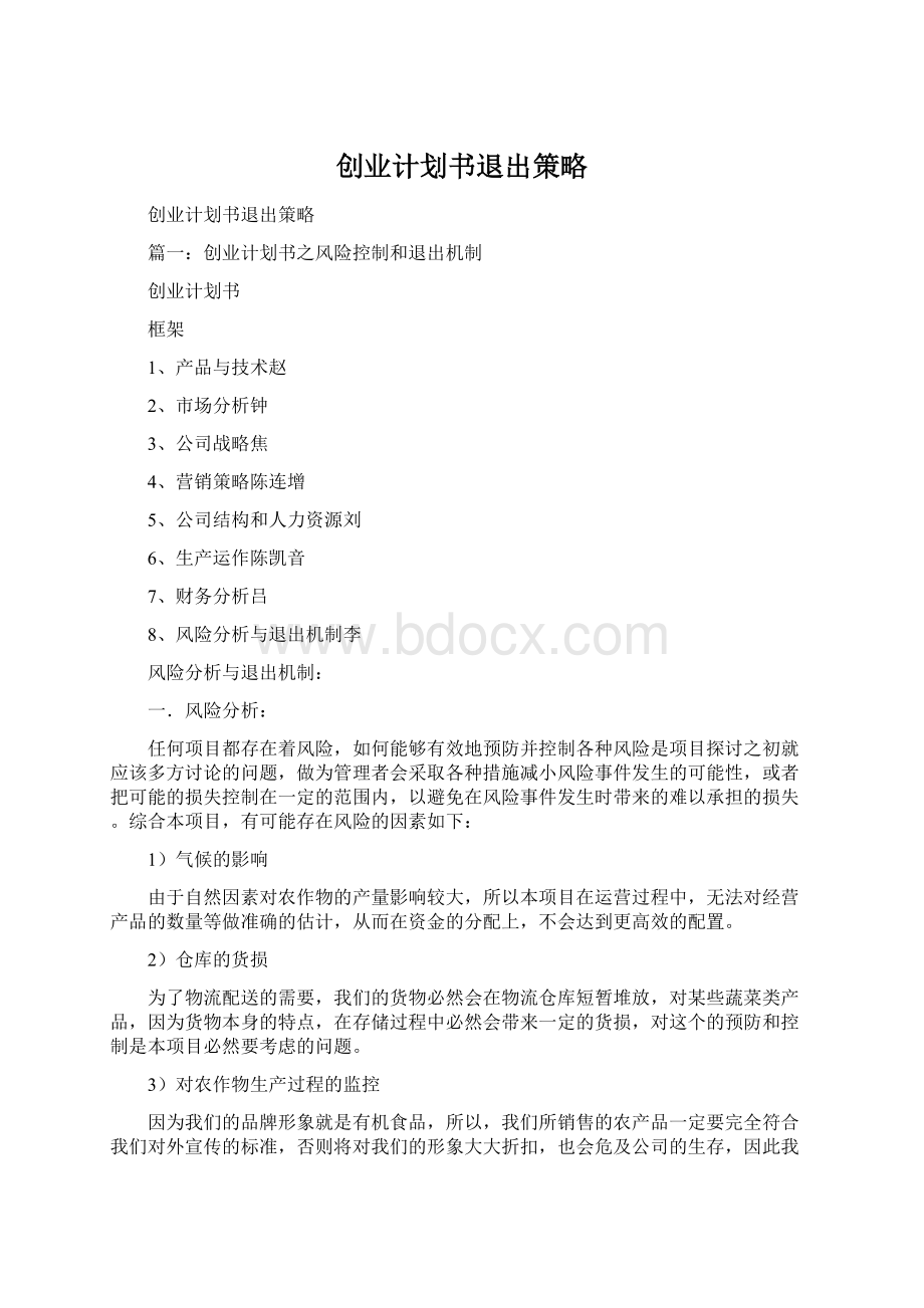 创业计划书退出策略Word文件下载.docx