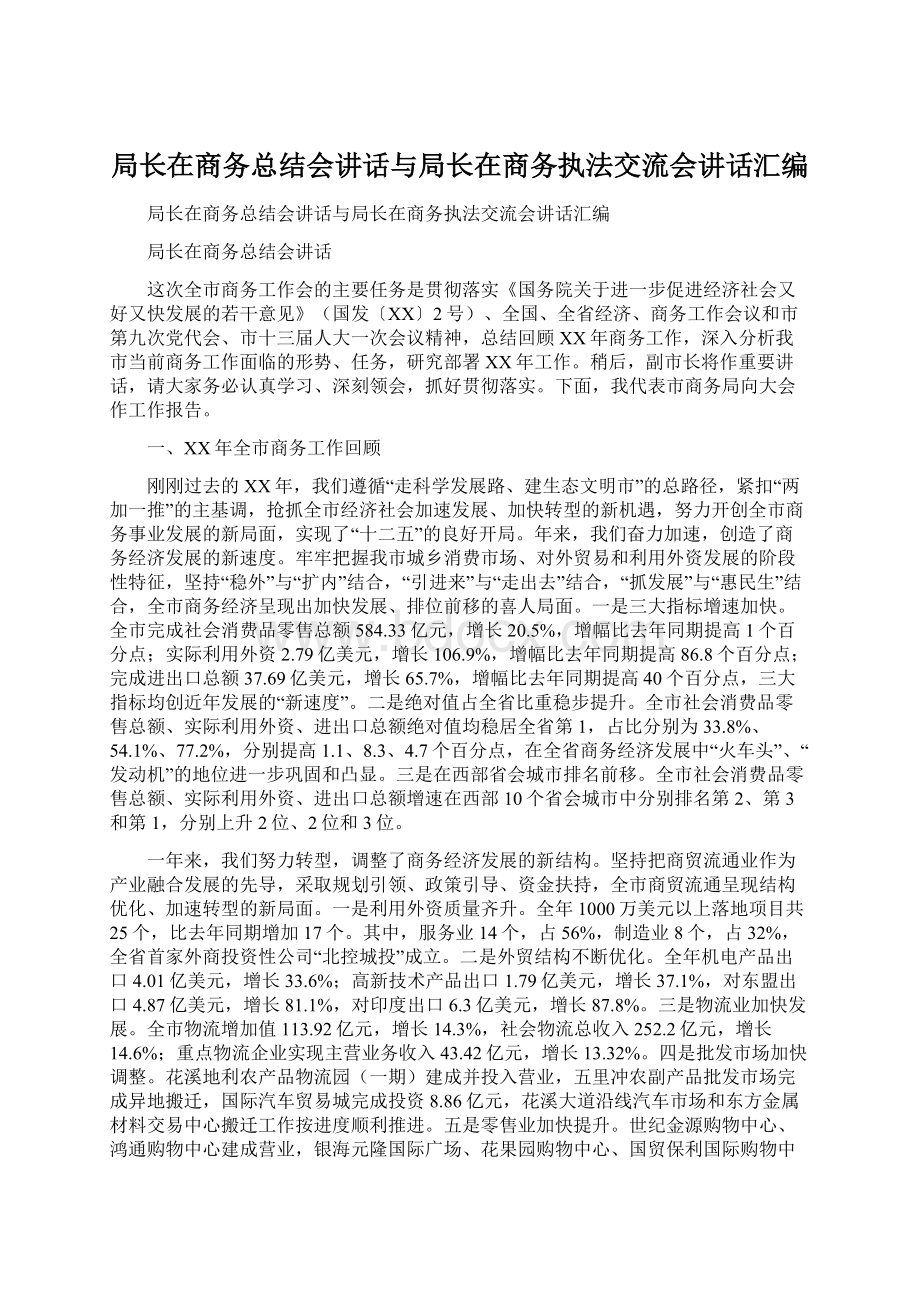 局长在商务总结会讲话与局长在商务执法交流会讲话汇编Word文件下载.docx