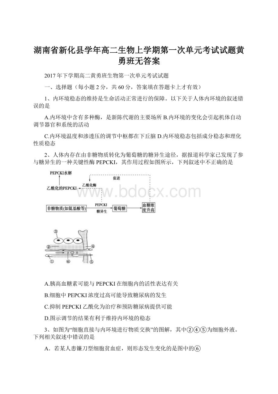 湖南省新化县学年高二生物上学期第一次单元考试试题黄勇班无答案.docx_第1页