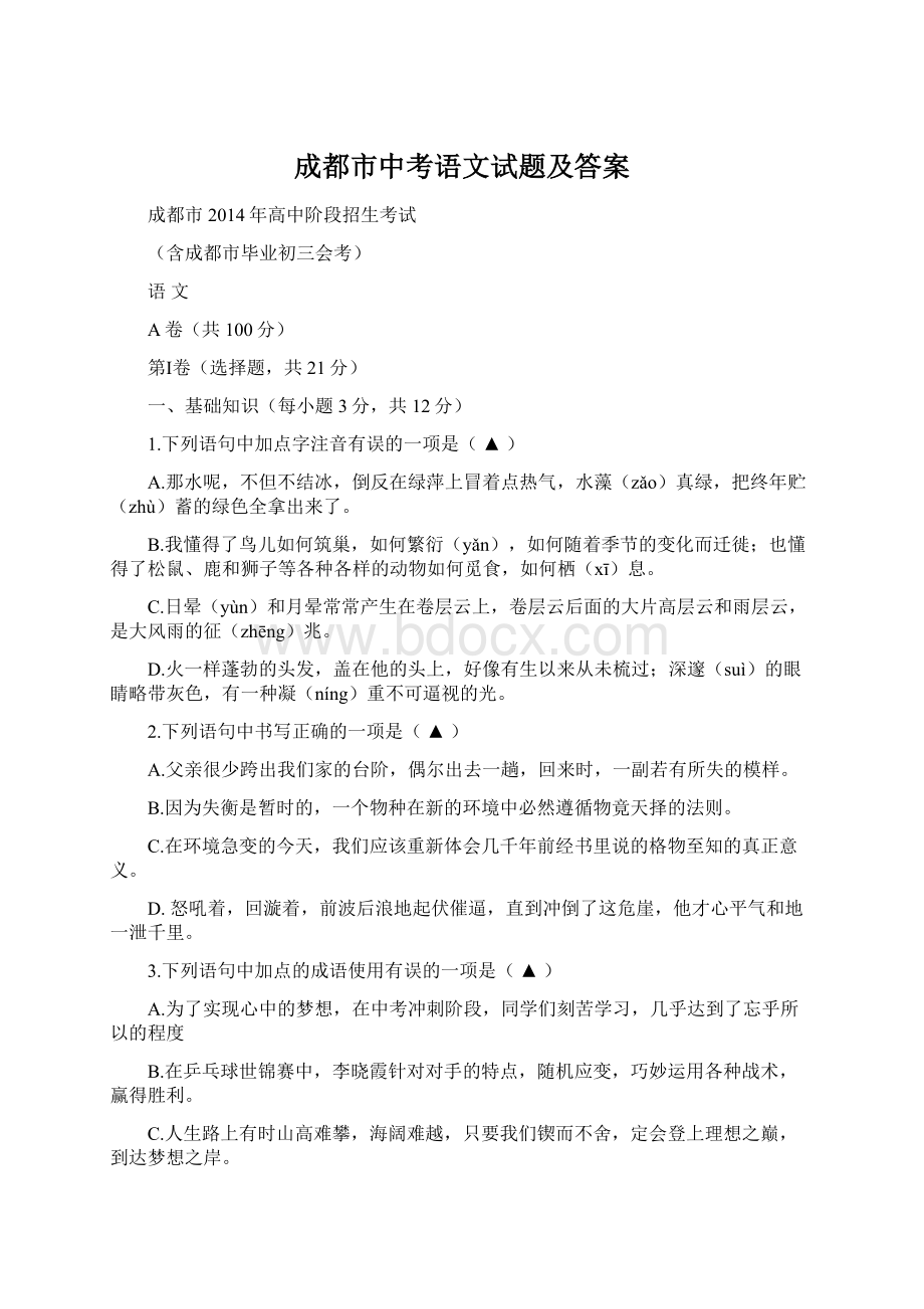 成都市中考语文试题及答案.docx