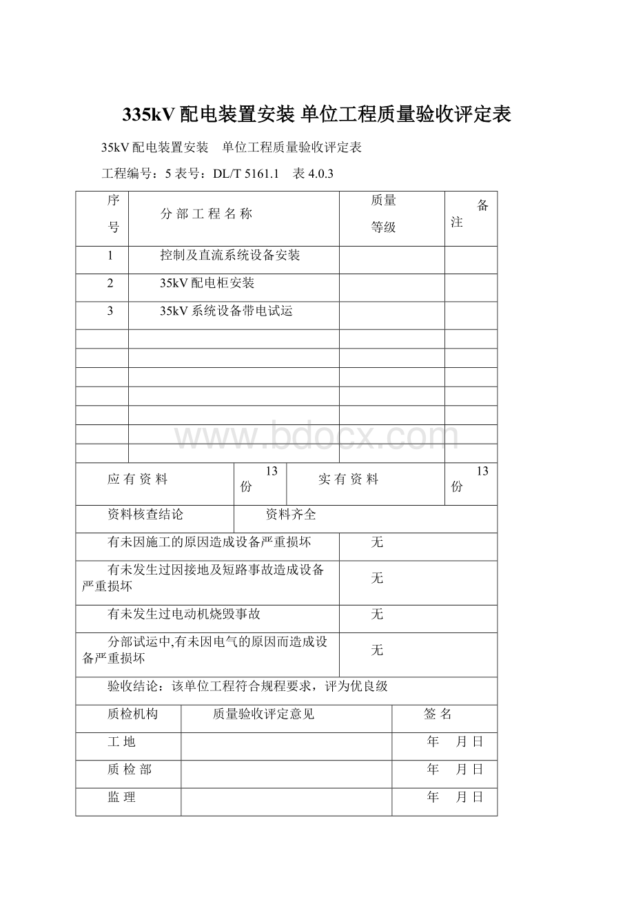 335kV配电装置安装 单位工程质量验收评定表.docx_第1页