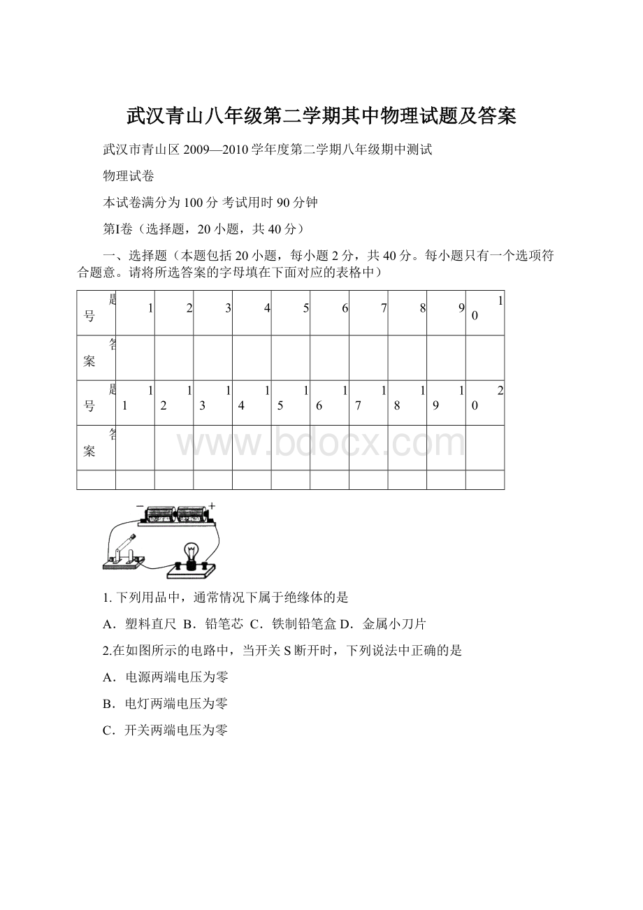 武汉青山八年级第二学期其中物理试题及答案.docx