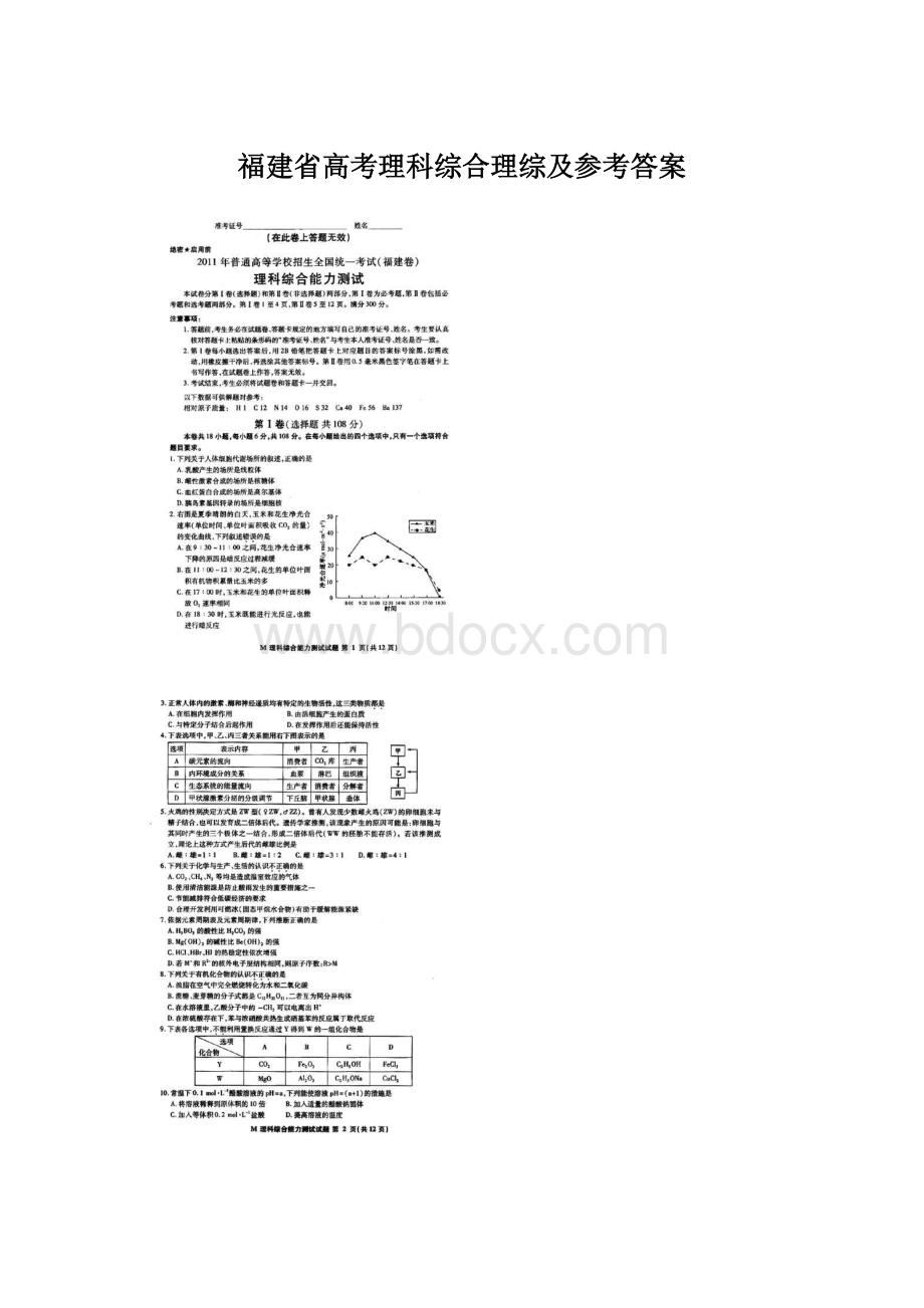 福建省高考理科综合理综及参考答案文档格式.docx_第1页