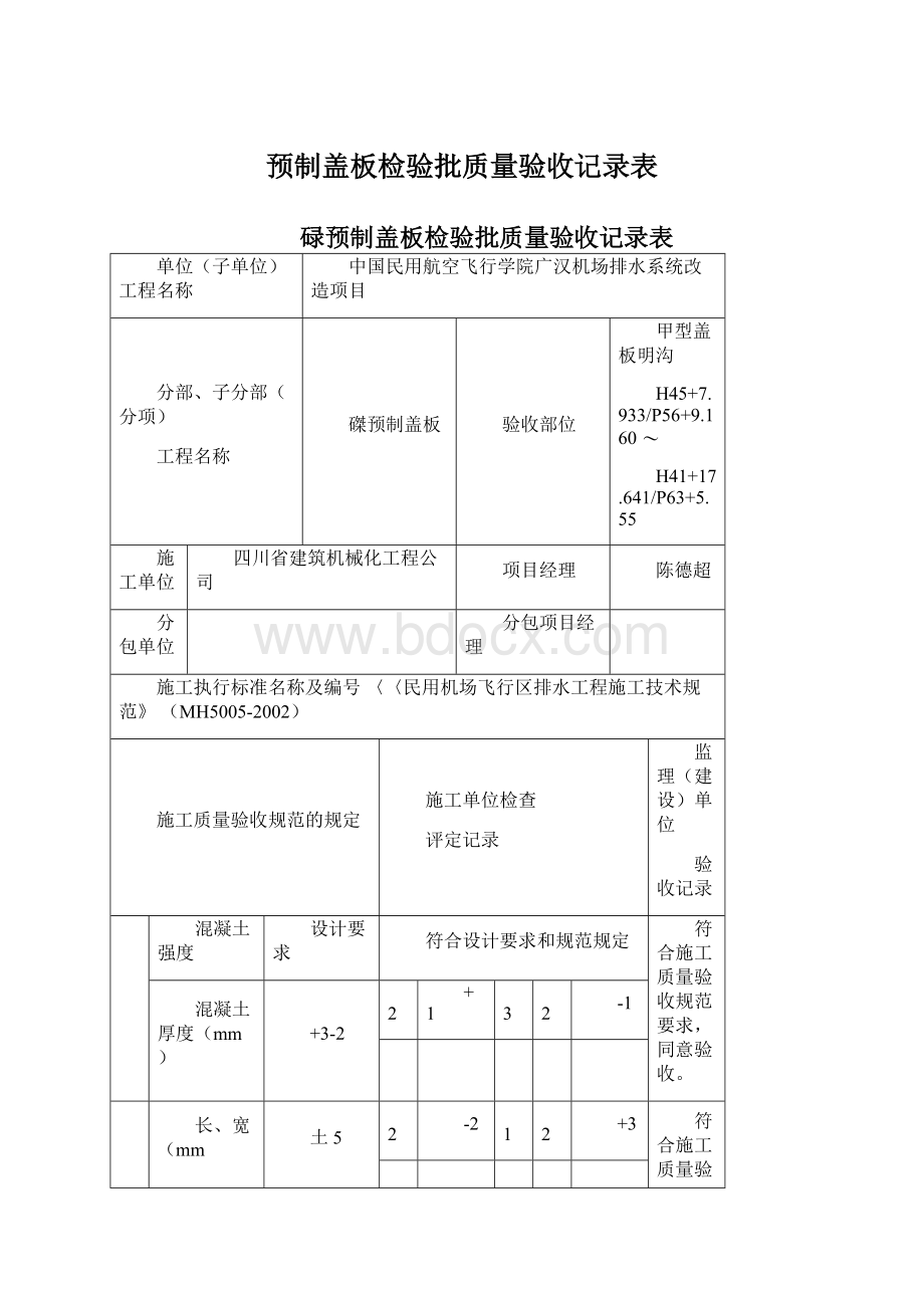 预制盖板检验批质量验收记录表.docx_第1页