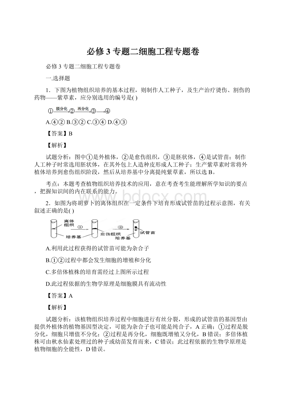 必修3 专题二细胞工程专题卷Word格式.docx