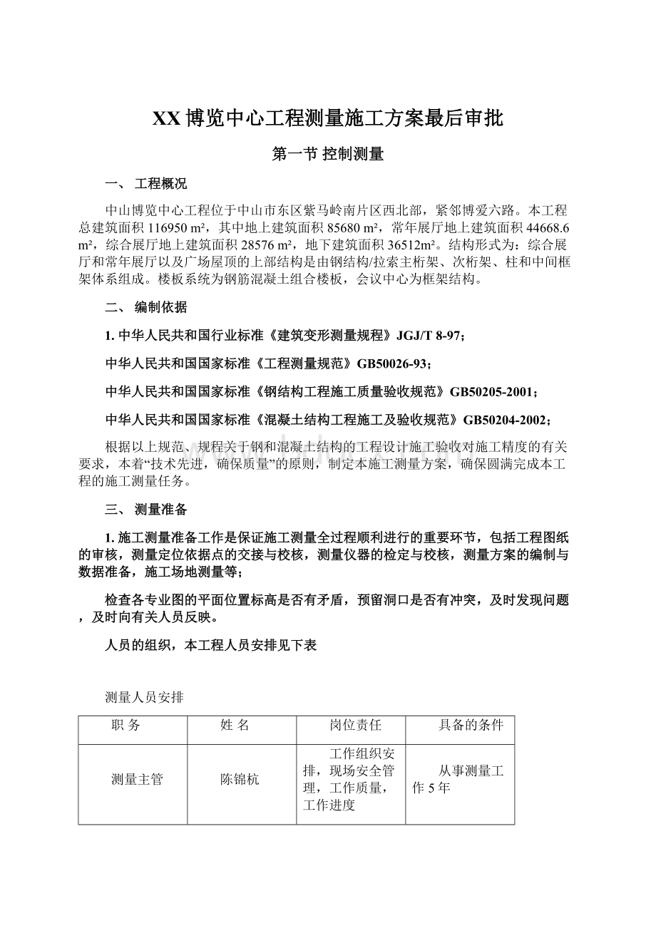 XX博览中心工程测量施工方案最后审批.docx_第1页