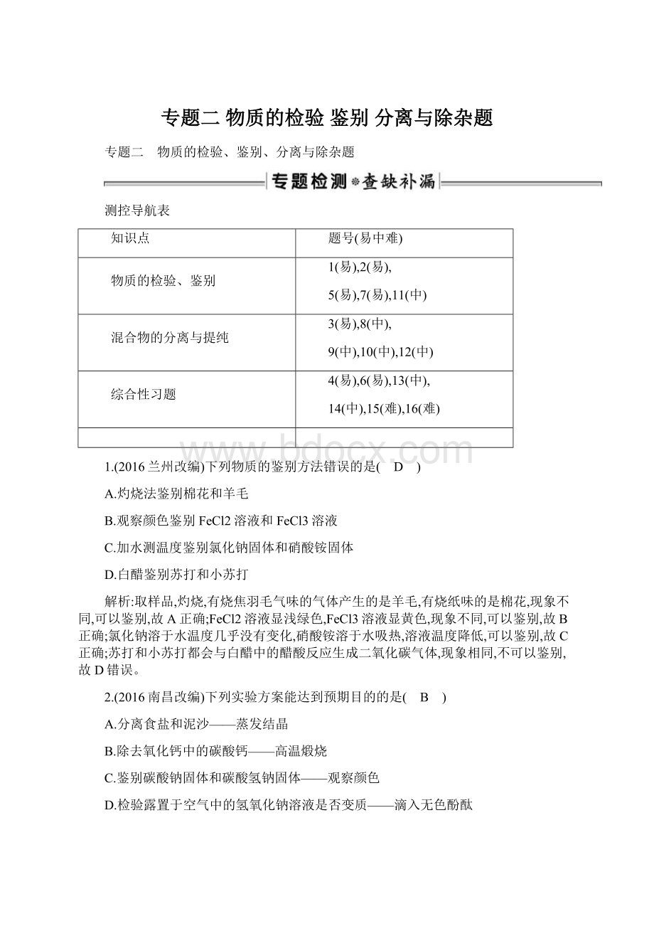 专题二 物质的检验 鉴别 分离与除杂题Word下载.docx