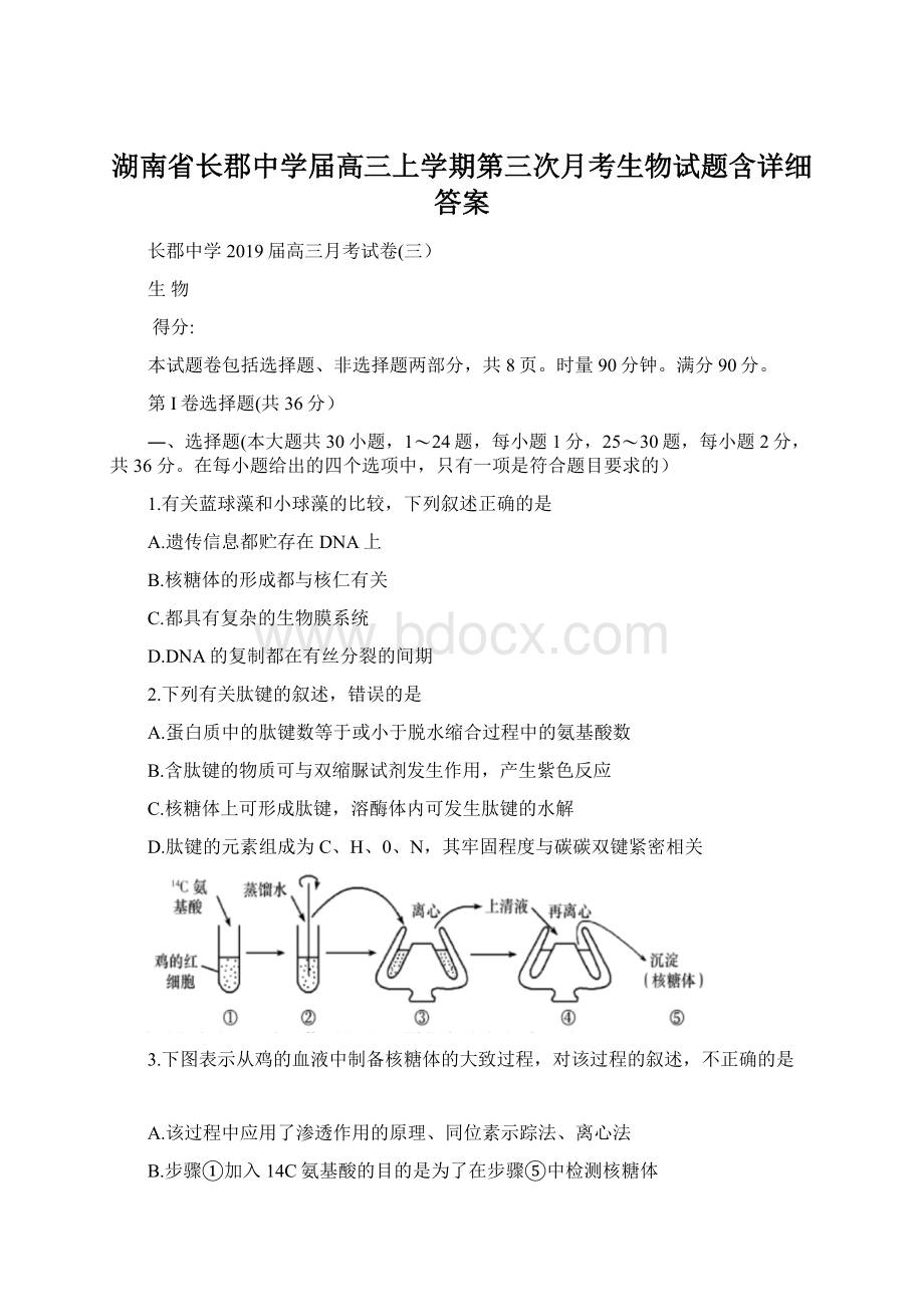 湖南省长郡中学届高三上学期第三次月考生物试题含详细答案.docx