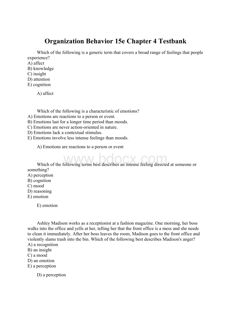 Organization Behavior 15e Chapter 4 Testbank.docx_第1页