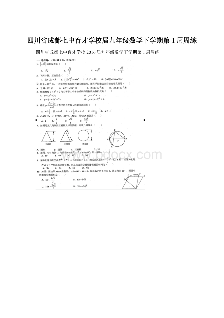 四川省成都七中育才学校届九年级数学下学期第1周周练.docx_第1页